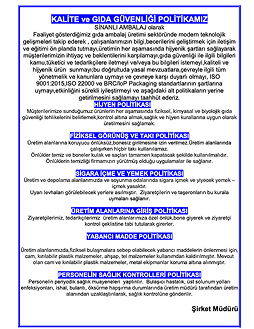 Kalite ve Gıda Güvenliği  Hijyen Politikası